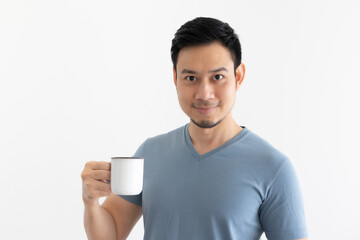 Happy smile face of Asian man drinks coffee on isolated background.