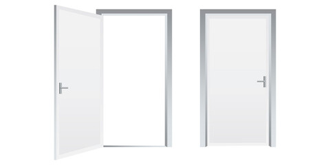Open and closed doors. White running or interior doors. Stock image. Vector illustration. EPS 10.