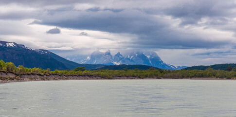 Panorama of the Serrano river with the Cuernos del Paine peaks, Torres del Paine national park, Patagonia, Chile.