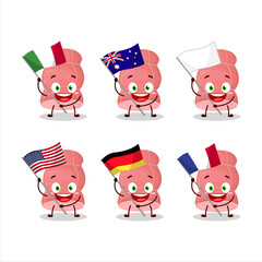 Boiled sausage cartoon character bring the flags of various countries