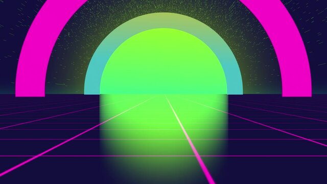 4K Seamless loop Bright modern abstract retro background with multicolored simple moving geometric shapes on the neon background. Seamless loop