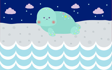 Cute fantasy seal at the beach at night staring into the ocean waves. Isolated vector of a seal on a beach background. Card, invitation, more