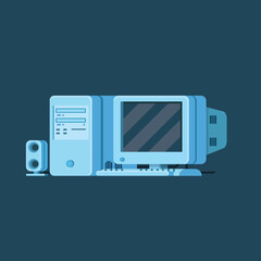 Old classic personal computer cartoon vector illustration on blue background