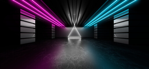 Sci Fy neon lamps in a dark tunnel. Reflections on the floor and walls. 3d rendering image.