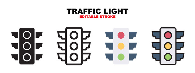 Traffic Light icon set with different styles. Icons designed in filled, outline, flat, glyph and line colored. Editable stroke and pixel perfect. Can be used for web, mobile, ui and more.