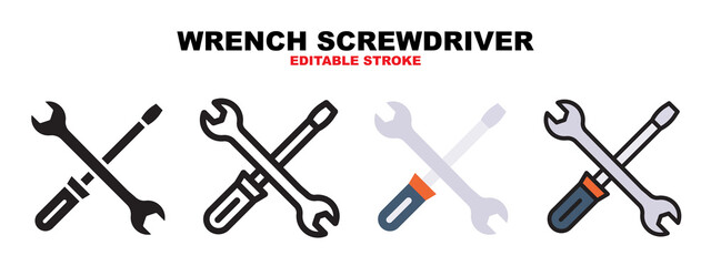 Wrench Screwdriver icon set with different styles. Icons designed in filled, outline, flat, glyph and line colored. Editable stroke and pixel perfect. Can be used for web, mobile, ui and more.