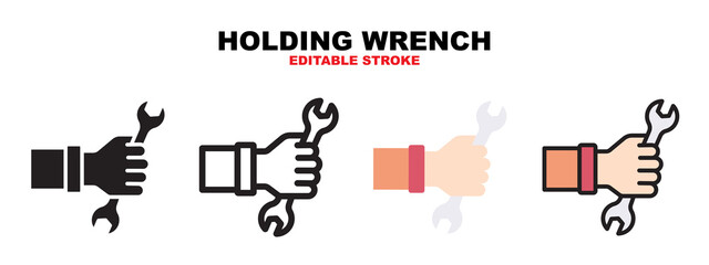 Holding Wrench icon set with different styles. Icons designed in filled, outline, flat, glyph and line colored. Editable stroke and pixel perfect. Can be used for web, mobile, ui and more.