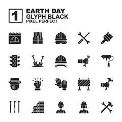 Fototapeta premium Icon set Labor day made with black glyph technique, contains a labor day, calendar, labor man and woman, safety vest, shovel, wrench, hammer and more. You can be used for web, mobile, ui and more.