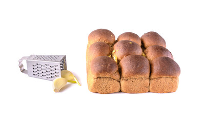 rye bread with garlic is isolated on a white background, selective focus.