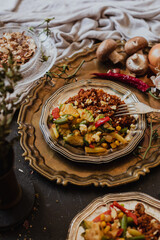 Barley with vegetables and vegetarian mince in tomato sauce