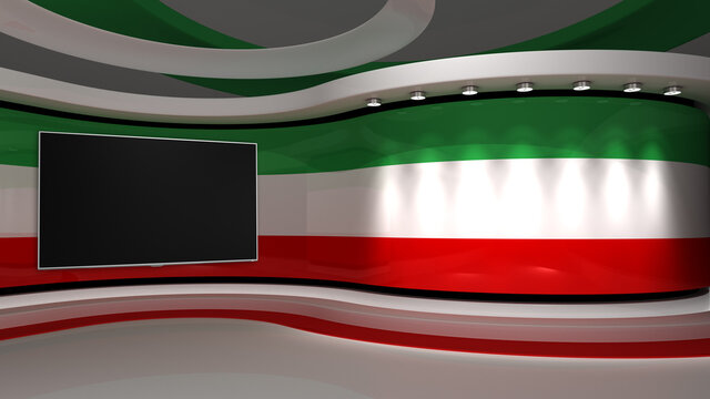 Iran. Iranian flag background. TV studio. News studio. The perfect backdrop for any green screen or chroma key video or photo production. 3d render. 3d