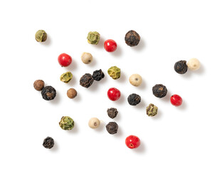 Pepper mix. Black, red, white, and green peppercorn on a white background.