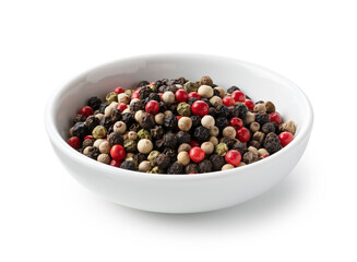 Pepper mix. Black, red, white, and green peppercorn on a white background.