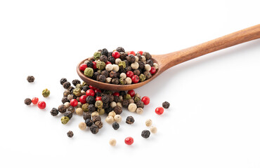 Pepper mix in a wooden spoon. Black, red, white, and green peppercorns on a white background.