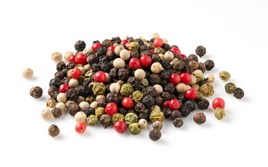 Pepper mix. Black, red, white, and green peppercorn on a white background.