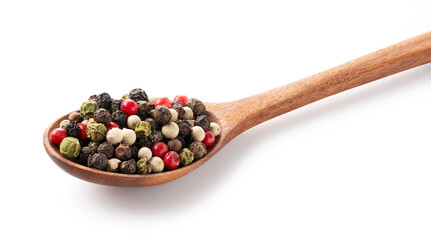 Pepper mix in a wooden spoon. Black, red, white, and green peppercorns on a white background.