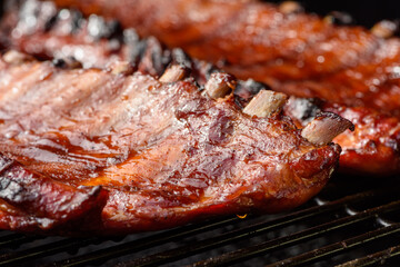Close up of two racks of pork BBQ ribs brushed in BBQ sauce on a smoker grill
