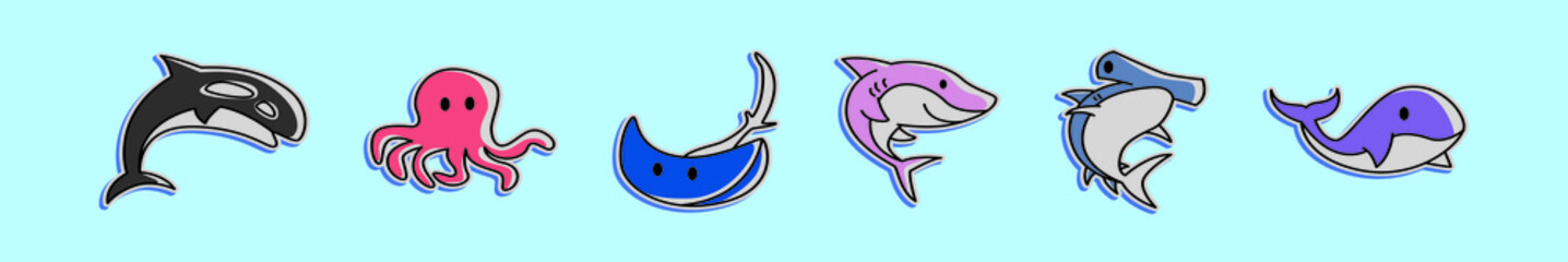 set of sea life cartoon icon design template with various models. vector illustration isolated on blue background