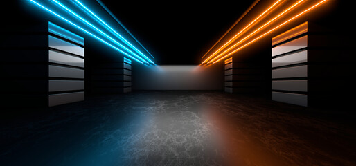 Sci Fy neon lamps in a dark tunnel. Reflections on the floor and walls. 3d rendering image.