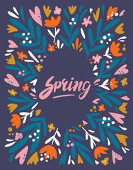 Floral vector card with tropical flowers and leaves, border for text. Spring lettering with botanical elements. Frame with abstract shape in Scandinavian style for fabric, wallpaper, clothes.
