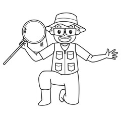 Dad Holding Fishing Nets. Character. Black and White Illustration. Coloring Book Illustration. Vector