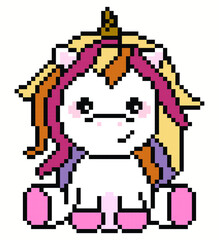 Unicorn pixel art on white background.