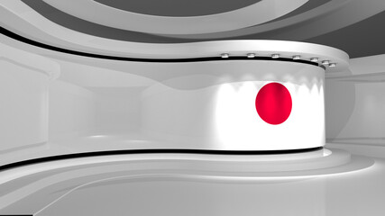 Japan. Japanese flag background. TV studio. News studio. The perfect backdrop for any green screen or chroma key video or photo production. 3d render. 3d