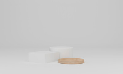 3d rendering. Wood podium on white background. Abstract minimal scene with geometric. Pedestal or platform for display, product presentation, mock up, show cosmetic product