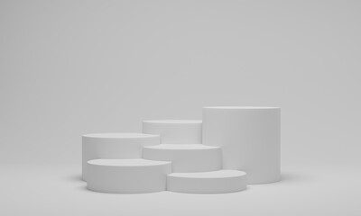 3d rendering. White cylinder podium or pedestal round platform. Abstract minimal scene with geometrical.