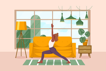 Home yoga. Meditation. Sports. Girl performs aerobics exercises and morning meditation at home. Mental health and relaxation. Stock illustration. Physical and spiritual practice. 