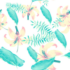 Blauw Patroonblad. Geel tropisch gebladerte. Witte naadloze natuur. Marine decoratie schilderij. Roze lente exotische. Grijze Bloembladeren. Behang blad.