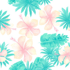 Blue Seamless Design. Gray Pattern Illustration. Azure Tropical Design. Navy Flower Hibiscus. Cobalt Watercolor Plant. Indigo Spring Leaves. Decoration Textile.