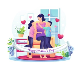 Children celebrate mother's day with their mother at home. Happy Mother's Day Greeting vector illustration