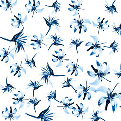 Cobalt Pattern Leaf. Navy Tropical Design. Blue Floral Nature. Gray Flora Foliage. Azure Decoration Leaves. White Wallpaper Leaf. Indigo Spring Botanical.