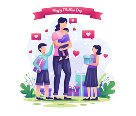 Children give gifts to their mothers. Happy Mother`'s Day Greeting vector illustration