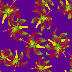 Fototapeta na wymiar Cobalt Seamless Painting. Lavender Pattern Background. Indigo Tropical Textile. Purple Flower Nature. Violet Floral Foliage. Decoration Palm. Watercolor Leaf.