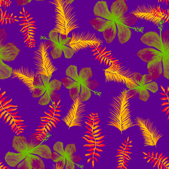 Blue Tropical Vintage. Violet Seamless Botanical. Azure Pattern Palm. IndigoSpring Textile. Navy Flower Foliage. Purple Drawing Art. Decoration Palm.