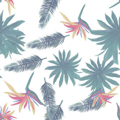 Fototapeta na wymiar White Pattern Illustration. Organic Seamless Hibiscus. Natural Tropical Texture. Flower Foliage. Summer Hibiscus. Flora Palm. Floral Textile. Drawing Leaf.