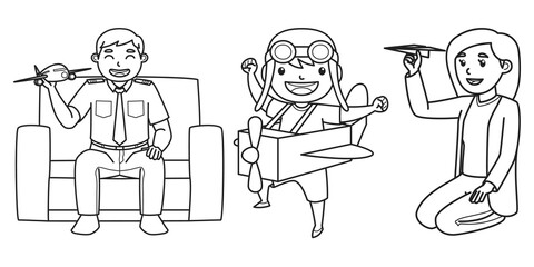 Mother, Father, and Son Characters Playing Toy Plane. Black and White Color. Coloring Book Illustration.