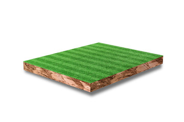 Soil cubic cross section with green grass football field isolated on white background. 3D rendering.