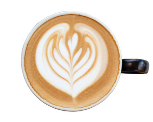 Hot coffee cappuccino latte art isolated on white background.