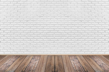 Empty living room with wooden floor and white painted brick wall background. For design interior.