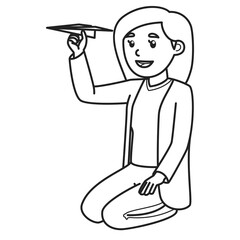 Mom Character Holding Paper Plane While Sitting on Floor. Black and White Color. Coloring Book Illustration.