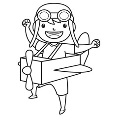 Child Character Wearing Pilot Hat Playing With Toy Plane Made of Cardboard. Black and White Color. Coloring Book Illustration.