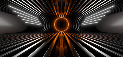 Sci Fy neon lamps in a dark tunnel. Reflections on the floor and walls. 3d rendering image. © Andrey Shtepa