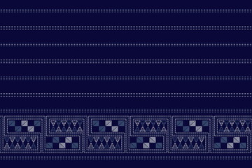 Light blue running stitch on indigo background embroidery pattern. Textile all over print. Classic simple decor. Seamless vector illustration.