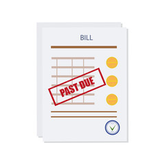 Past due, overdue, or unpaid bill. An expense document, calculation table with a delay in payment and repayment schedule. Debt or past purchase notice.Financial data, stamp, red mark. Vector