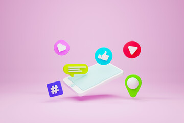 Mobile smartphone and icon speech bubble, hashtag, pin map, like and play streaming on pink background. Social media concept. 3d illustration