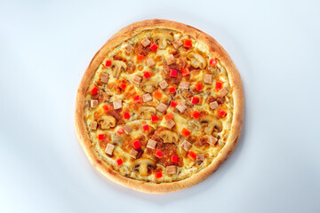 Pizza isolated on white background. Top view. Italian food concept. Appetizing pizza.