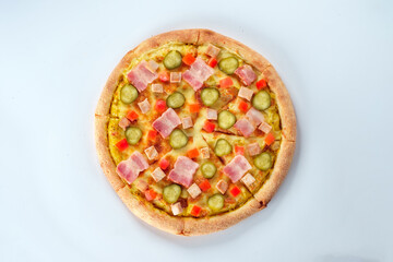 Pizza isolated on white background. Top view. Italian food concept. Appetizing pizza.